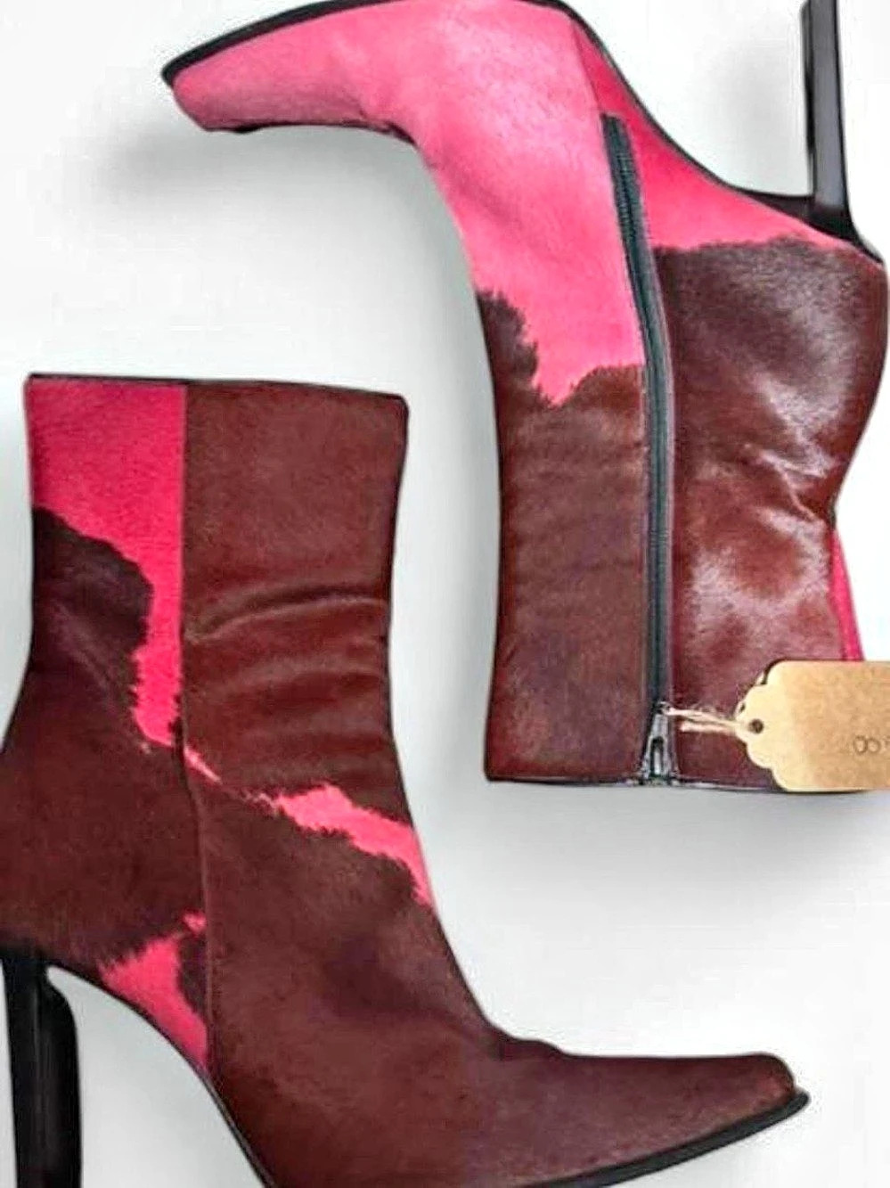 Casadei Vintage Pink and Brown Cowhide Pony Hair Heeled Boots EU40.5 - Picture 2 of 6